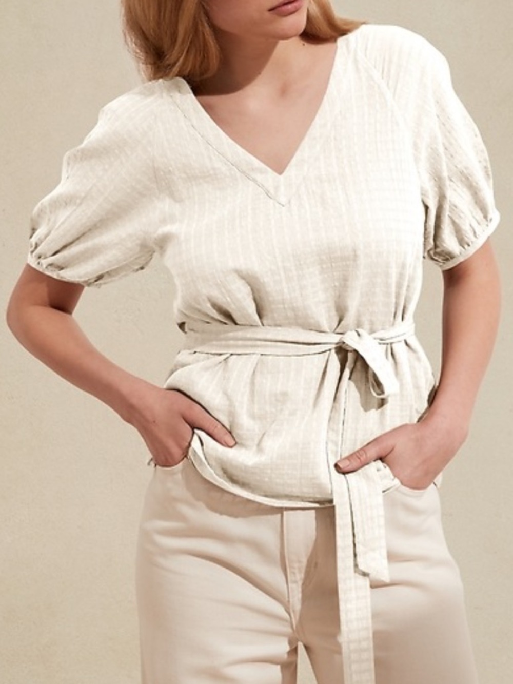 Banana Republic Cream V‑Neck Tie Waist Puff Sleeve Top